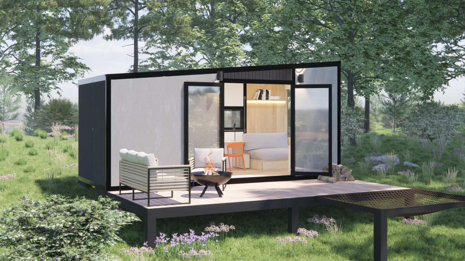 Tiny house sostenible CasaForte modelo Minimal en Colombia con deck de madera y ventanales amplios.