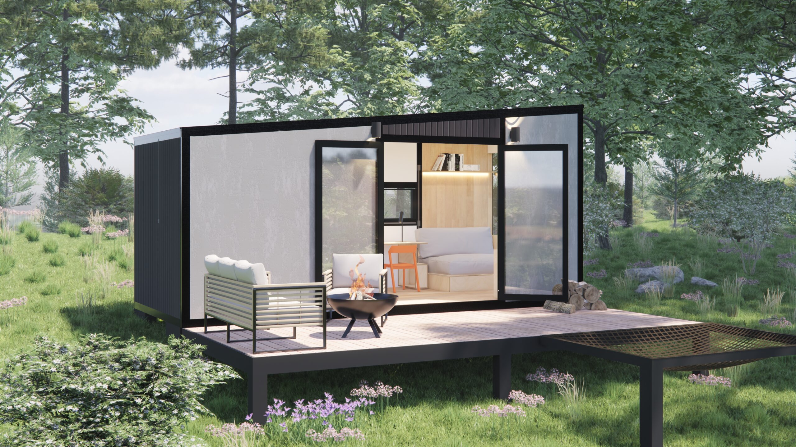 Tiny house sostenible CasaForte modelo Minimal en Colombia con deck de madera y ventanales amplios.